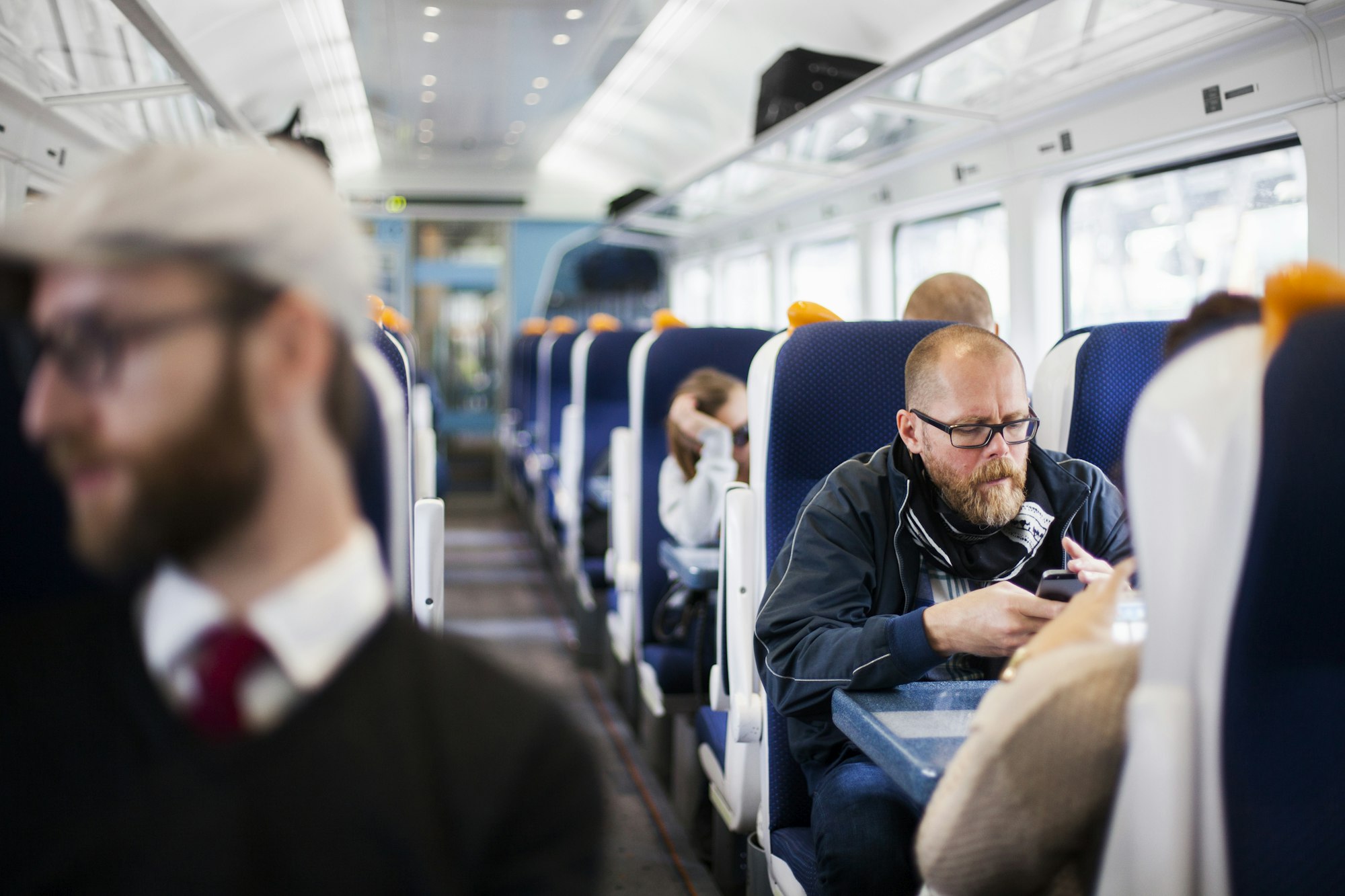 Business people travelling in train